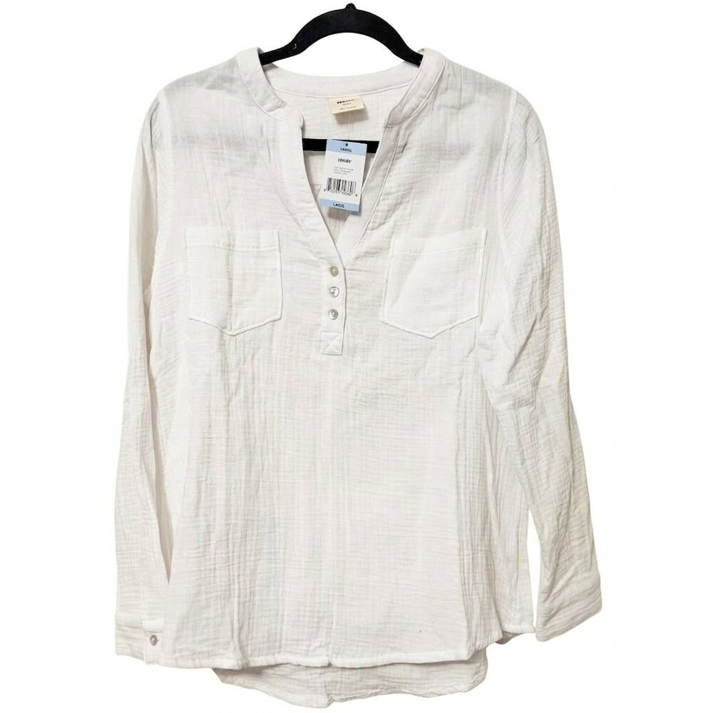 Mote Gauzy Henley Shirt Size: L White Long Sleeve V-Neck Cotton NWT